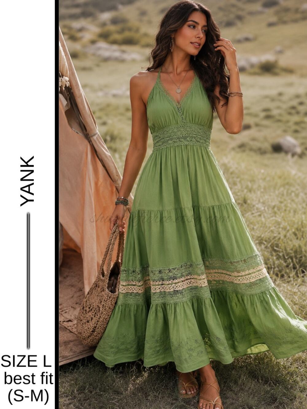 MSRP: $129 | ✨ Yank Sage Green Eyelet Crochet Halter Midi Dress | L Fits S/M ✨